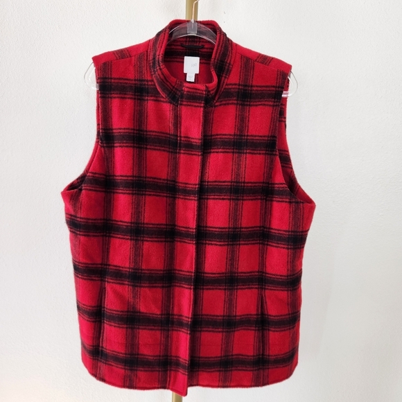 J. Jill Vest Womens XL Red Black Plaid Full Zipper Snap Button Wool Blend - Picture 1 of 7